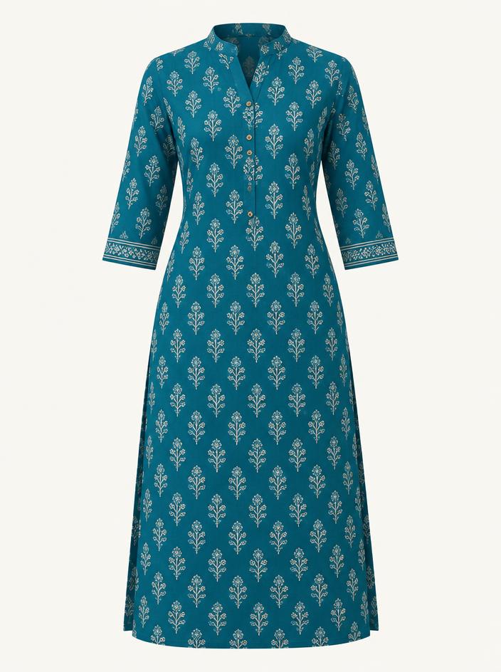 Teal Block-Print Kurta Dress