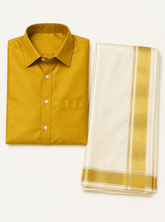 Mustard Silk Shirt & Veshti Set