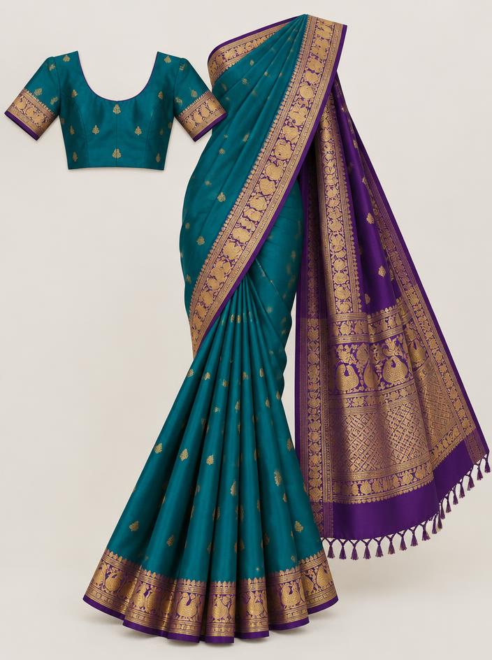 Peacock Teal Zari Silk Saree