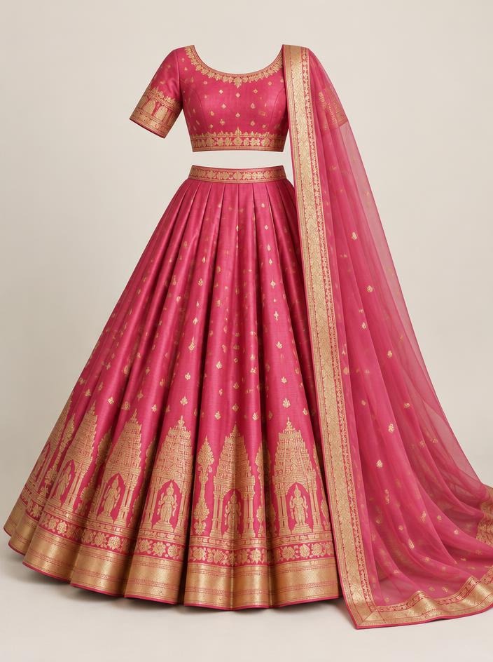 Rose Temple-Embroidered Silk Lehenga