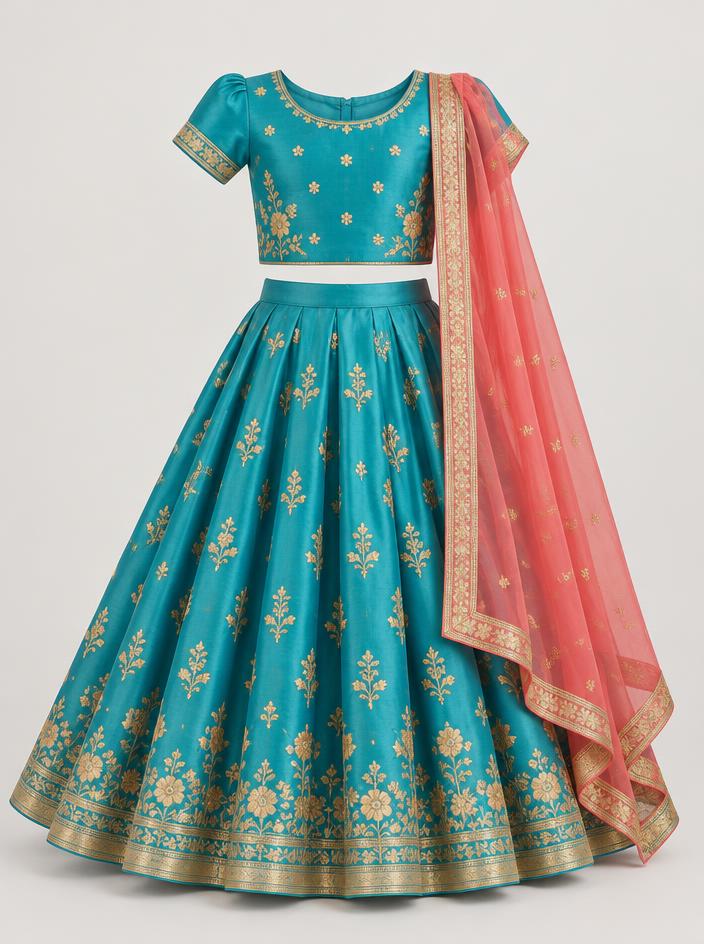 Turquoise Coral Silk Lehenga