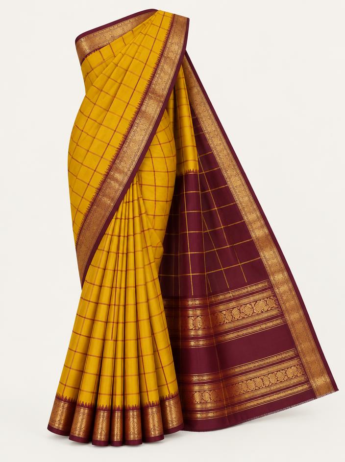 Mustard Maroon Checks Silk Saree