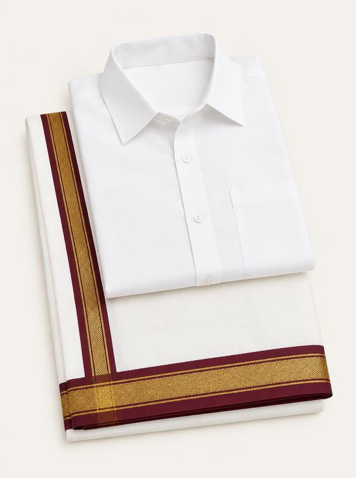 White Maroon Border Veshti Set